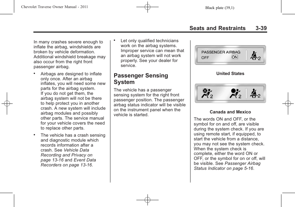Passenger sensing system, Passenger sensing, Seats and restraints 3-39 | CHEVROLET 2011 Traverse User Manual | Page 95 / 452