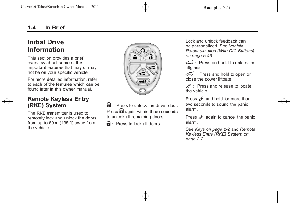 Initial drive information, Remote keyless entry (rke) system, Initial drive information -4 | Additional storage features -2, Air vents -13, System -4 | CHEVROLET 2011 Suburban User Manual | Page 10 / 522