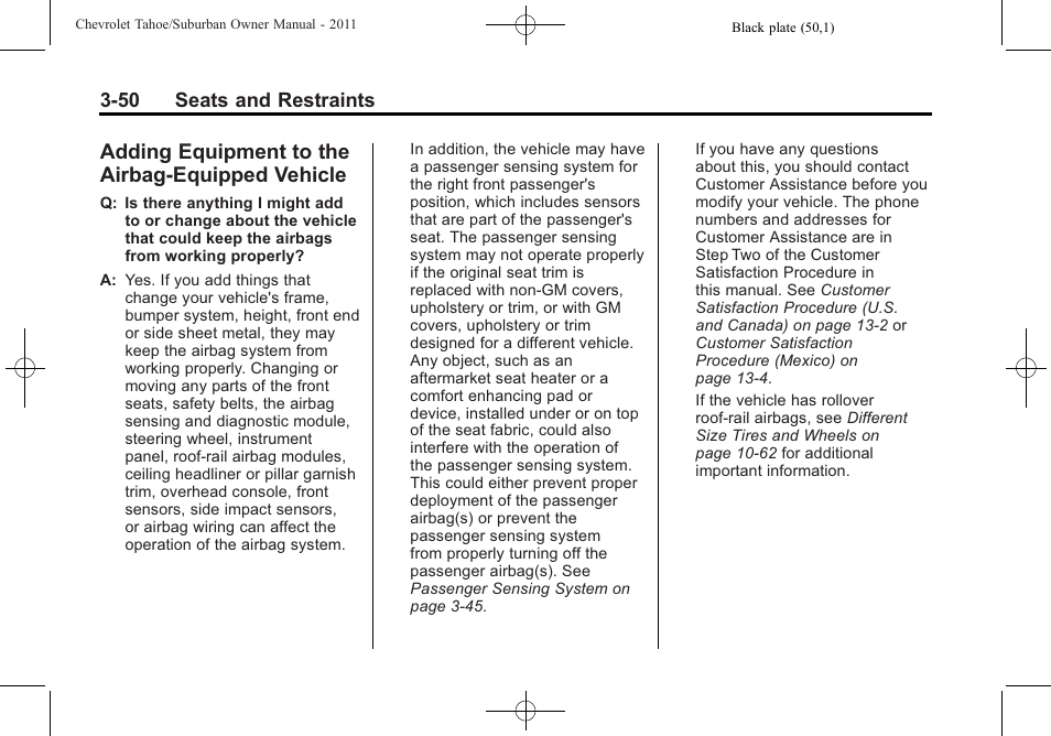 Adding equipment to the airbag-equipped vehicle, Equipment to the, Airbag-equipped vehicle -50 | CHEVROLET 2011 Suburban User Manual | Page 112 / 522