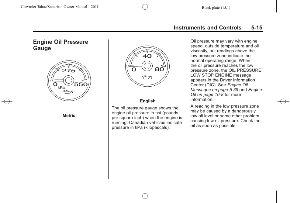 Engine oil pressure gauge, Engine oil pressure, Gauge -15 | CHEVROLET 2011 Suburban User Manual | Page 157 / 522