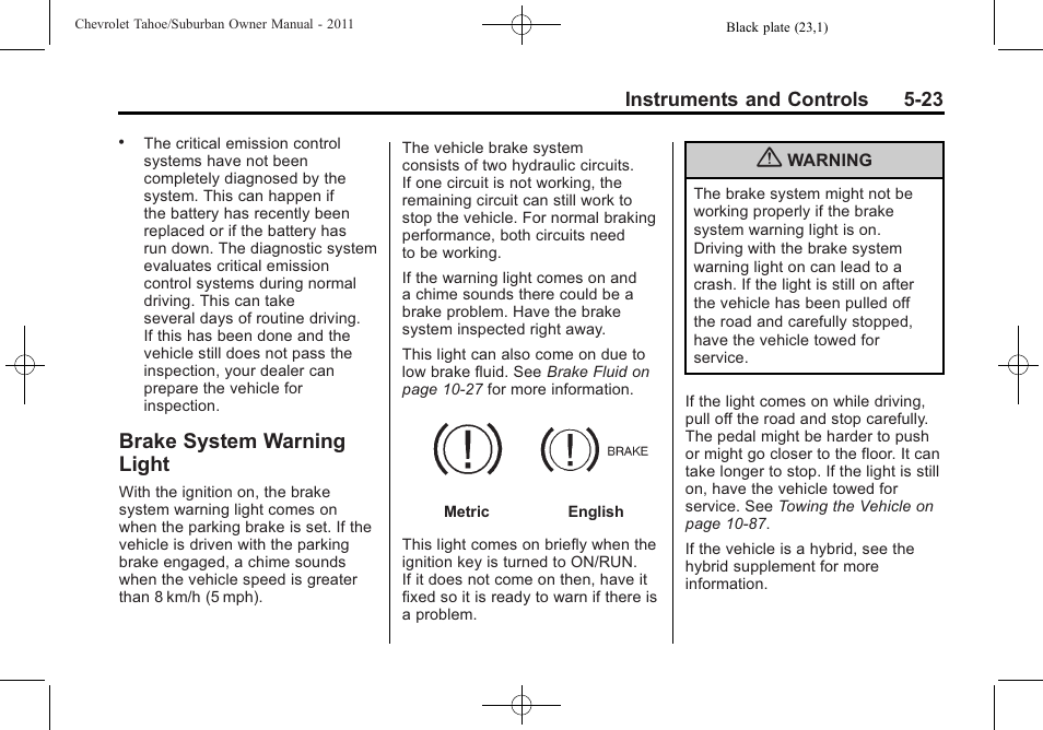 Brake system warning light, Brake system warning, Light -23 | CHEVROLET 2011 Suburban User Manual | Page 165 / 522