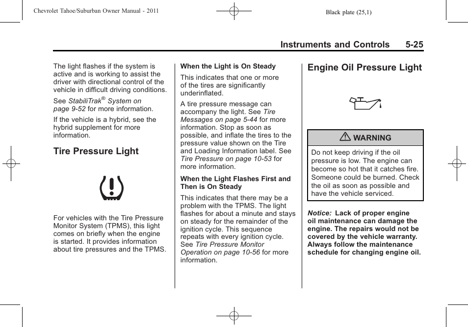 Tire pressure light, Engine oil pressure light | CHEVROLET 2011 Suburban User Manual | Page 167 / 522