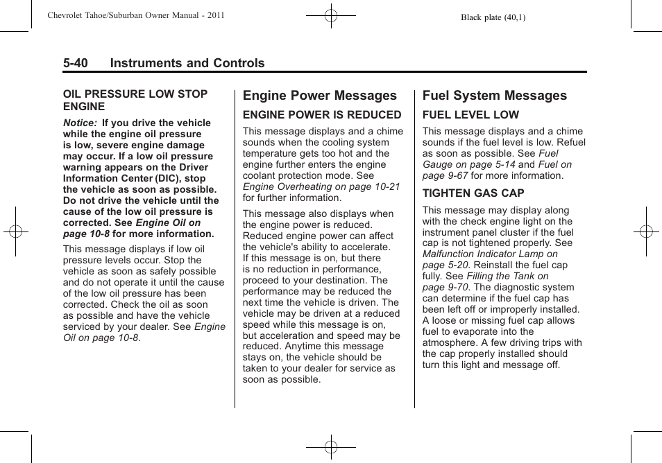 Engine power messages, Fuel system messages, Engine power messages -40 fuel system messages -40 | CHEVROLET 2011 Suburban User Manual | Page 182 / 522