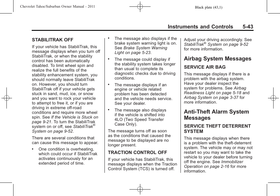 Airbag system messages, Anti-theft alarm system messages, Airbag system messages -43 anti-theft alarm system | Messages -43, Instruments and controls 5-43 | CHEVROLET 2011 Suburban User Manual | Page 185 / 522