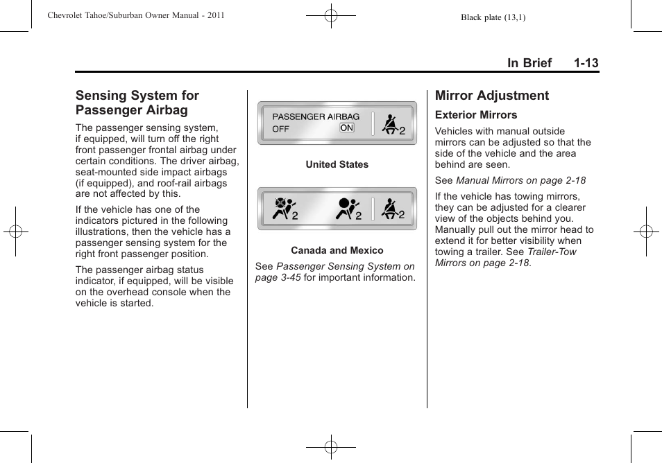 Sensing system for passenger airbag, Mirror adjustment, Sensing system for | Passenger airbag -13, Mirror adjustment -13 | CHEVROLET 2011 Suburban User Manual | Page 19 / 522