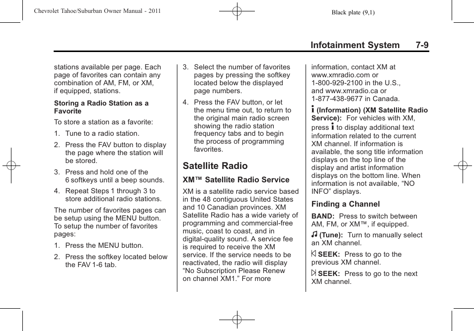 Satellite radio, Satellite radio -9 | CHEVROLET 2011 Suburban User Manual | Page 221 / 522