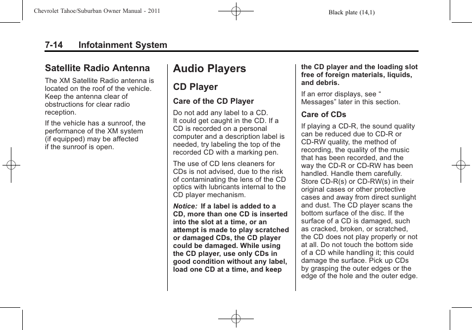 Satellite radio antenna, Audio players, Cd player | Audio players -14, Bulb replacement -36, Satellite radio antenna -14, Cd player -14 | CHEVROLET 2011 Suburban User Manual | Page 226 / 522