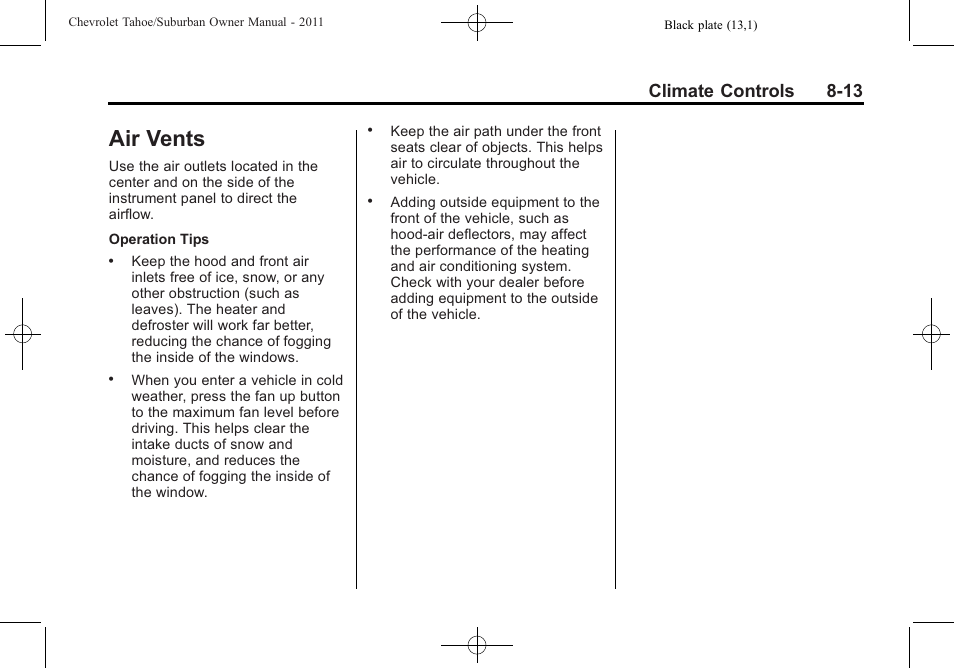 Air vents, Air vents -13, Climate controls 8-13 | CHEVROLET 2011 Suburban User Manual | Page 279 / 522