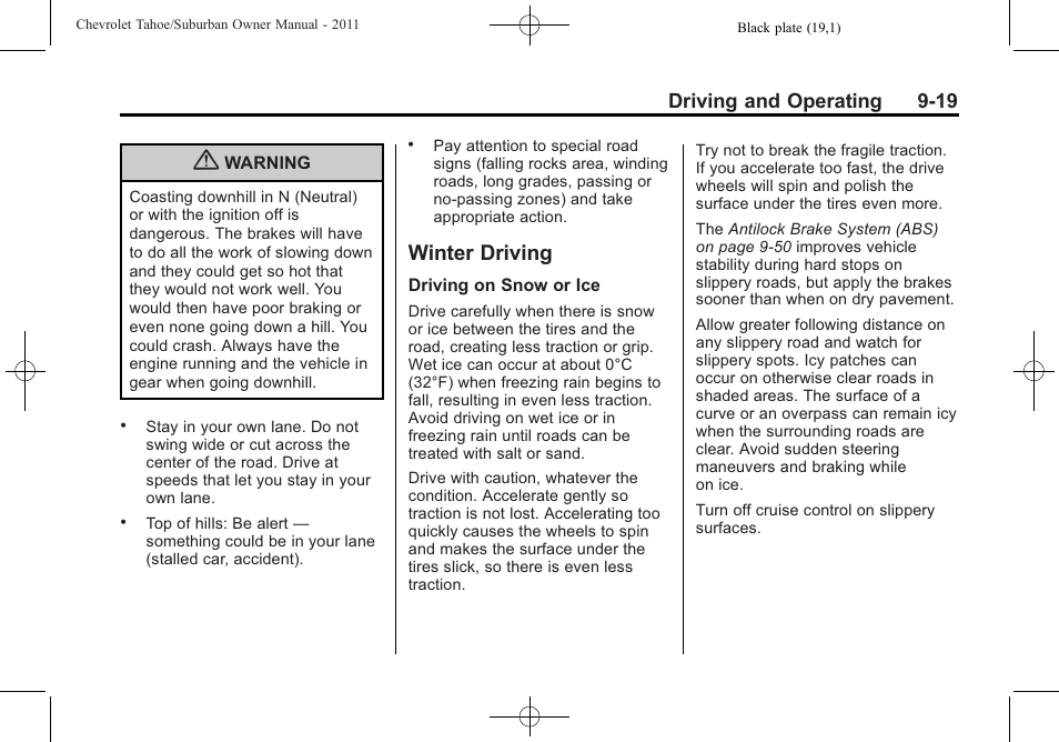 Winter driving, Winter driving -19, Driving and operating 9-19 | CHEVROLET 2011 Suburban User Manual | Page 299 / 522