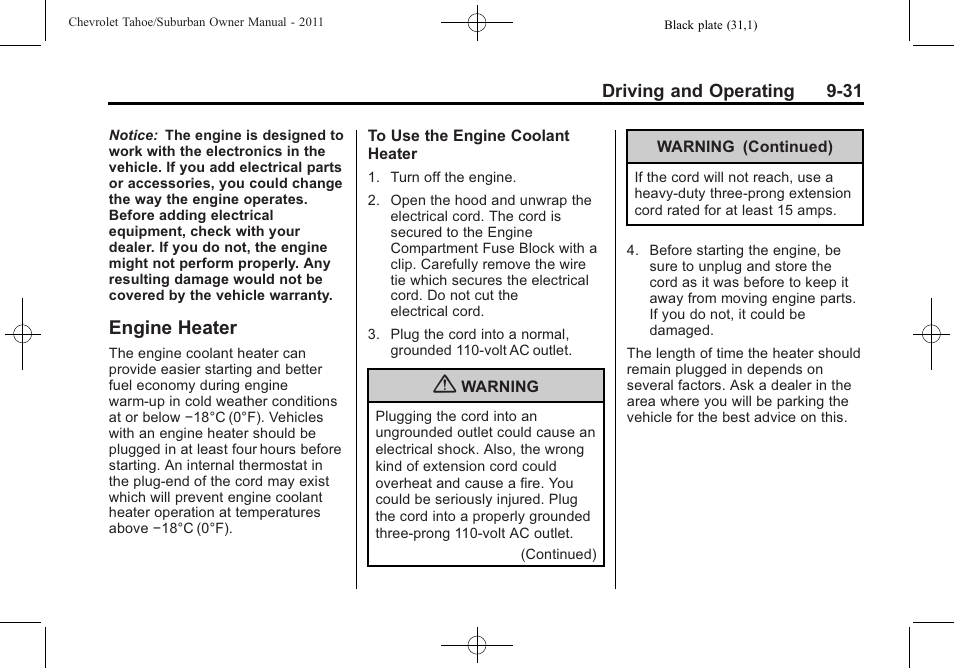 Engine heater, Engine heater -31 | CHEVROLET 2011 Suburban User Manual | Page 311 / 522