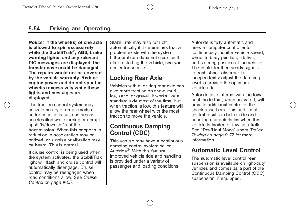 Locking rear axle, Continuous damping control (cdc), Automatic level control | Locking rear axle -54 continuous damping, Control (cdc) -54, Automatic level control -54, 54 driving and operating | CHEVROLET 2011 Suburban User Manual | Page 334 / 522