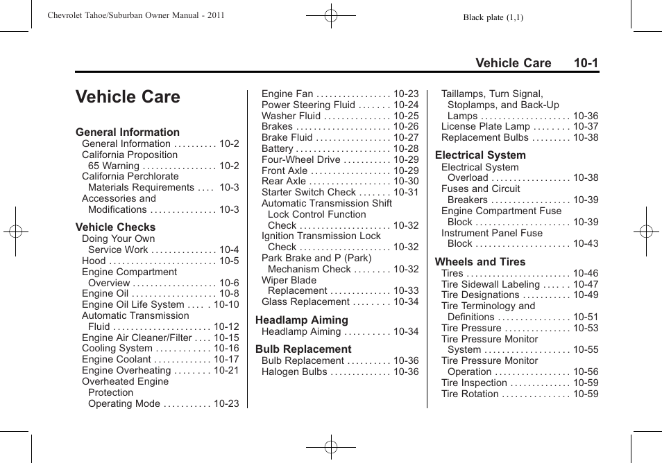 Vehicle care, Vehicle care -1, Vehicle care 10-1 | CHEVROLET 2011 Suburban User Manual | Page 375 / 522