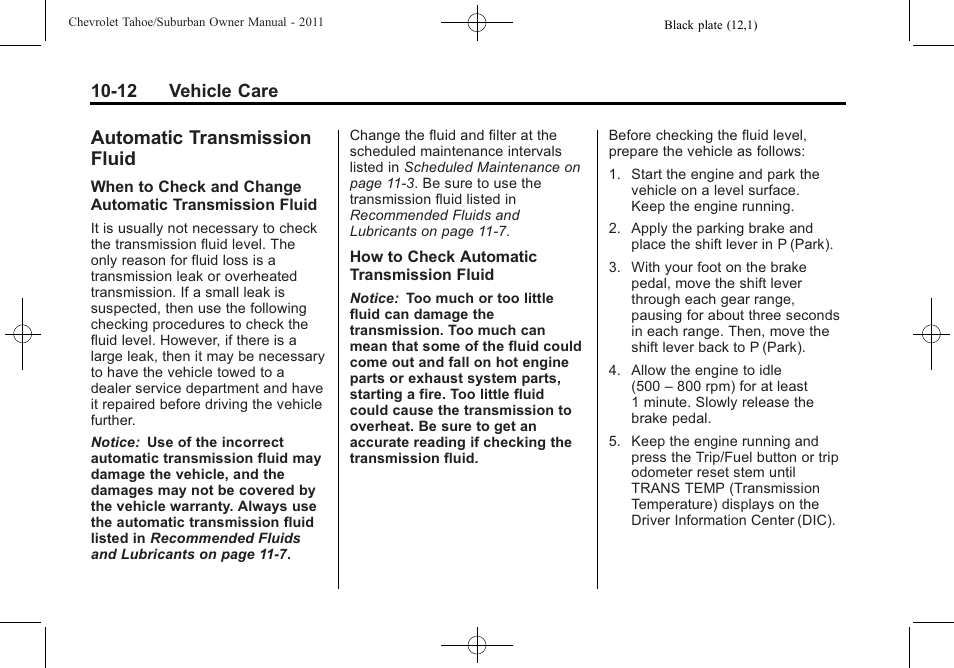 Automatic transmission fluid, Automatic transmission, Fluid -12 | Headlamp, 12 vehicle care | CHEVROLET 2011 Suburban User Manual | Page 386 / 522