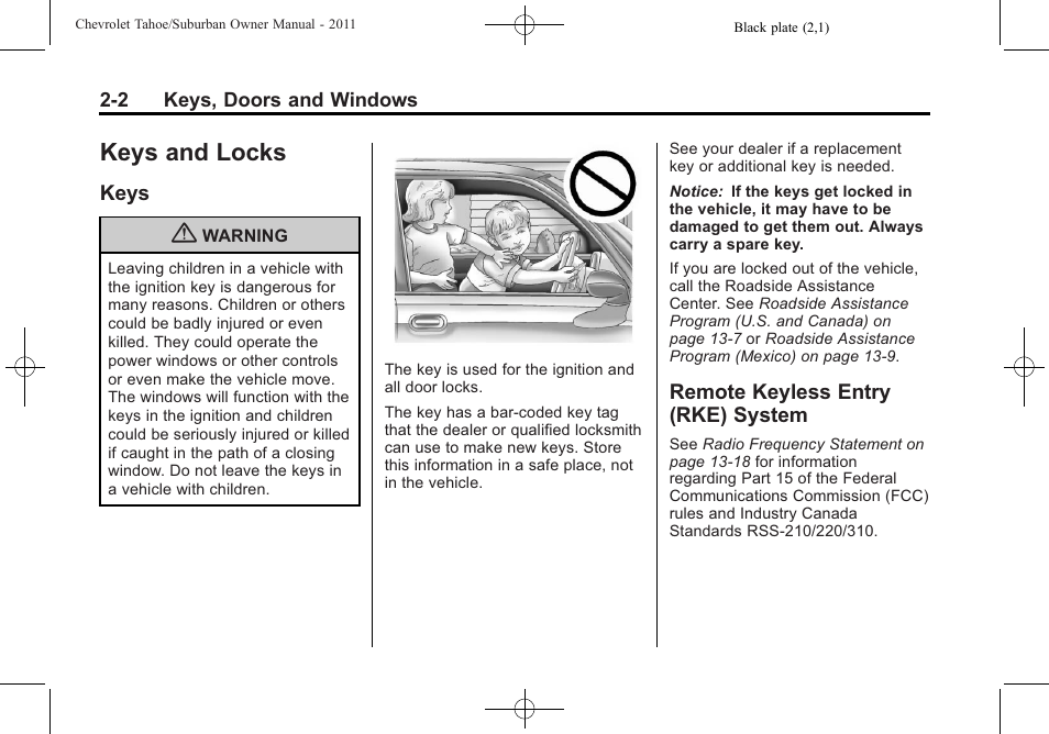 Keys and locks, Keys, Remote keyless entry (rke) system | Keys and locks -2, Indicators, Keys -2 remote keyless entry (rke), System -2 | CHEVROLET 2011 Suburban User Manual | Page 40 / 522