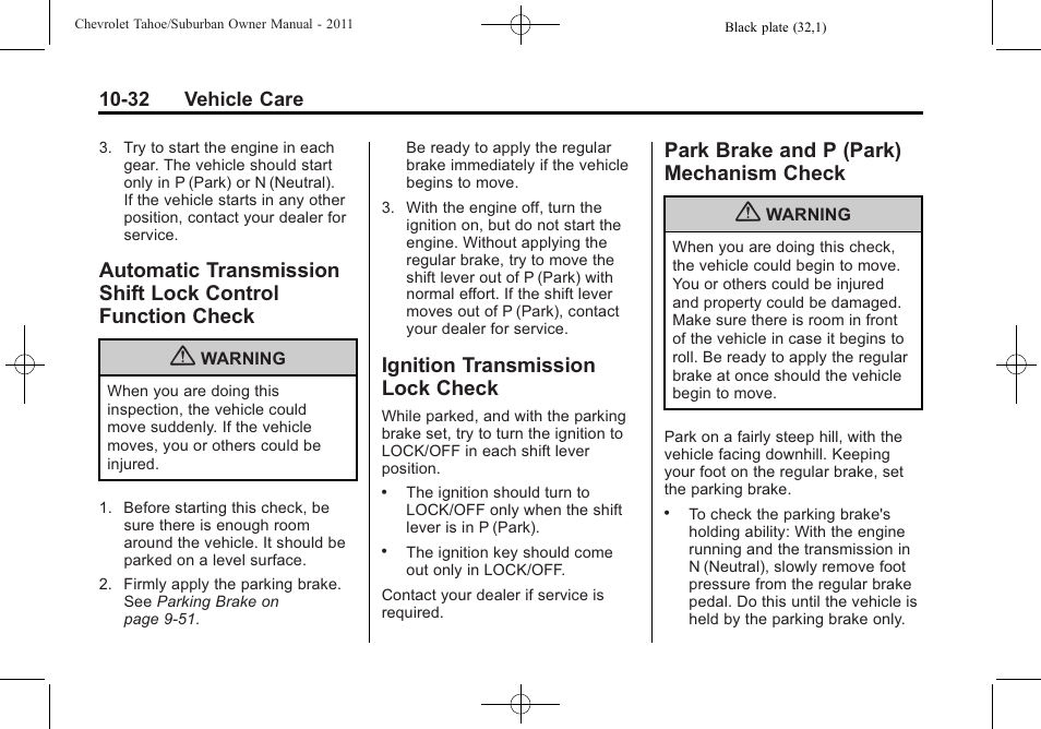 Ignition transmission lock check, Park brake and p (park) mechanism check, Automatic transmission shift | Lock control function check -32, Ignition transmission lock, Check -32, Park brake and p (park), Mechanism check -32 | CHEVROLET 2011 Suburban User Manual | Page 406 / 522