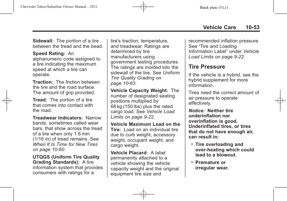 Tire pressure, Tire pressure -53 | CHEVROLET 2011 Suburban User Manual | Page 427 / 522