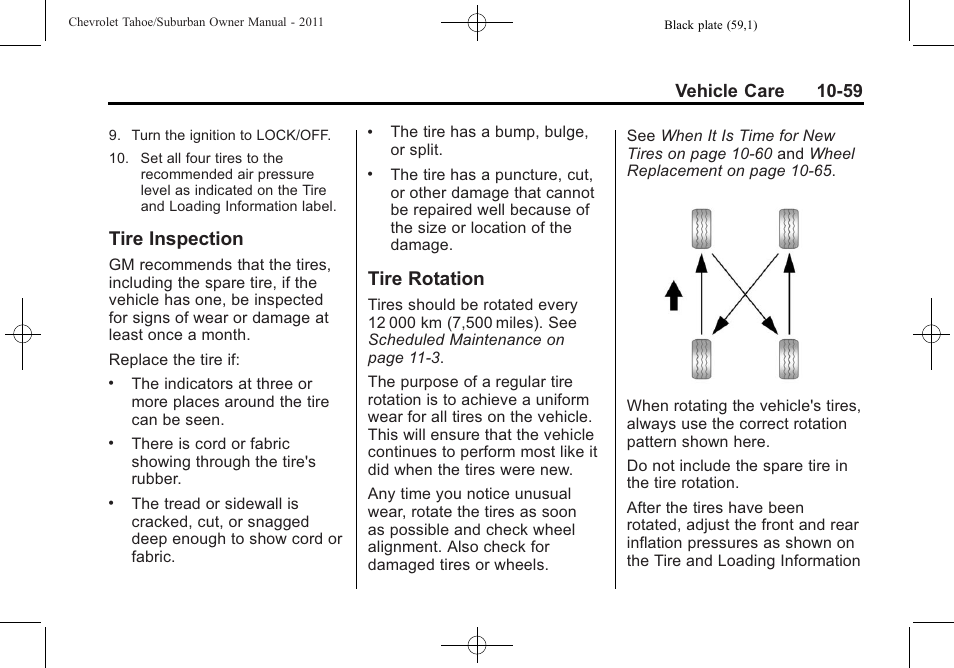 Tire inspection, Tire rotation, Tire inspection -59 tire rotation -59 | Vehicle care 10-59 | CHEVROLET 2011 Suburban User Manual | Page 433 / 522