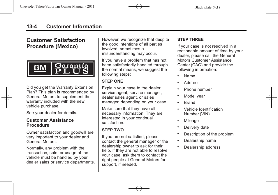 Customer satisfaction procedure (mexico), Customer satisfaction, Procedure (mexico) -4 | 4 customer information | CHEVROLET 2011 Suburban User Manual | Page 496 / 522