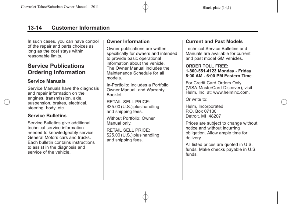 Service publications ordering information, Service publications, Ordering information -14 | 14 customer information | CHEVROLET 2011 Suburban User Manual | Page 506 / 522