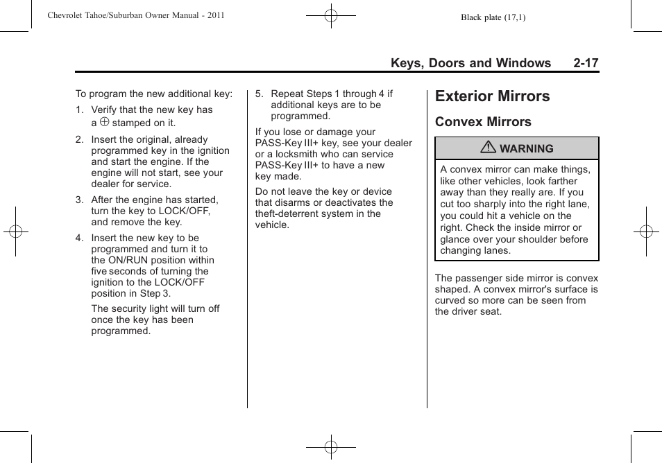 Exterior mirrors, Convex mirrors, Exterior mirrors -17 | Vehicle personalization, Convex mirrors -17 | CHEVROLET 2011 Suburban User Manual | Page 55 / 522