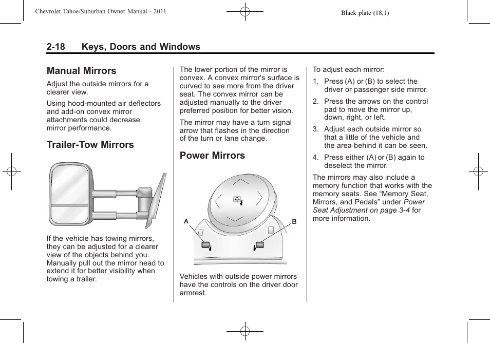 Manual mirrors, Trailer-tow mirrors, Power mirrors | CHEVROLET 2011 Suburban User Manual | Page 56 / 522