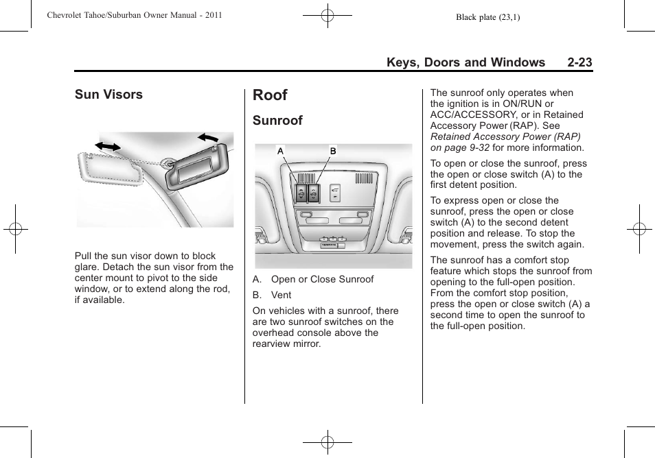 Sun visors, Roof, Sunroof | Roof -23, Sun visors -23, Sunroof -23 | CHEVROLET 2011 Suburban User Manual | Page 61 / 522