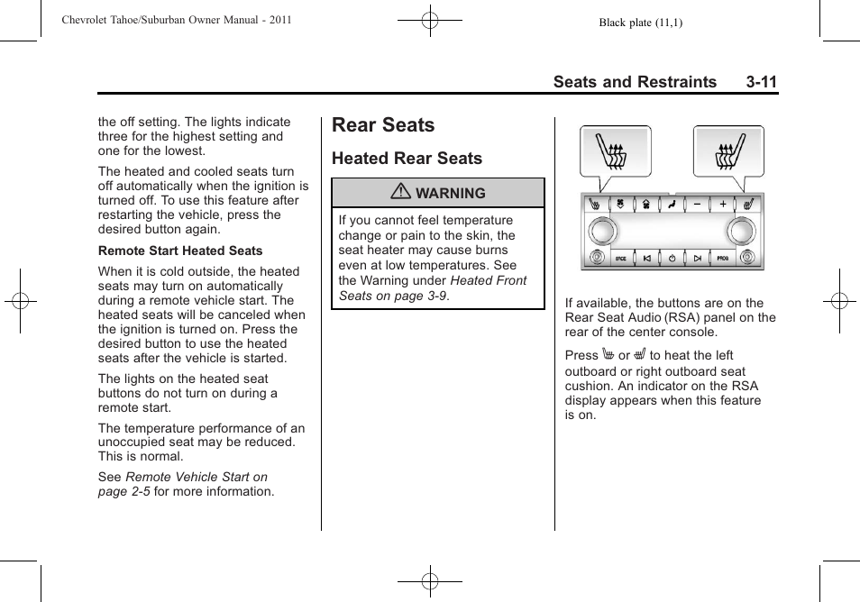 Rear seats, Heated rear seats, Rear seats -11 | Heated rear seats -11 | CHEVROLET 2011 Suburban User Manual | Page 73 / 522