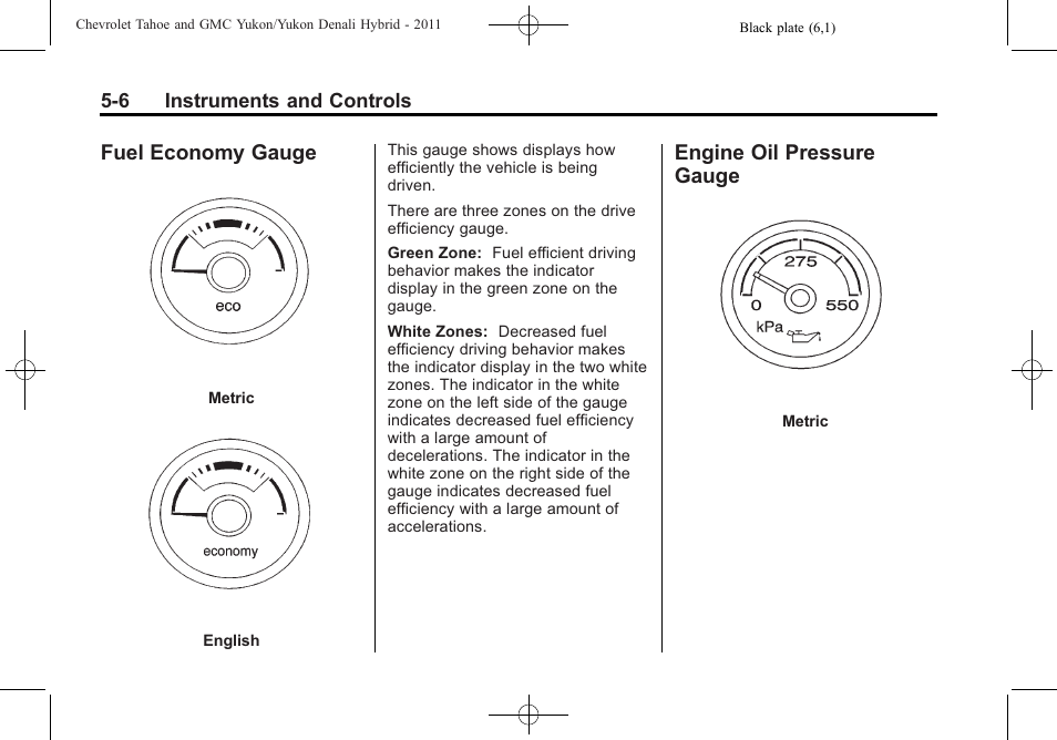 Fuel economy gauge, Engine oil pressure gauge, Fuel economy gauge -6 engine oil pressure gauge -6 | CHEVROLET 2011 Tahoe User Manual | Page 18 / 98