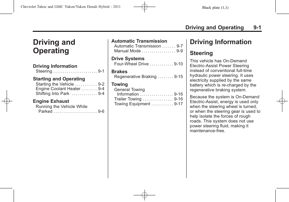 Driving and operating, Driving information, Steering | Driving and operating -1, Information -1 | CHEVROLET 2011 Tahoe User Manual | Page 31 / 98