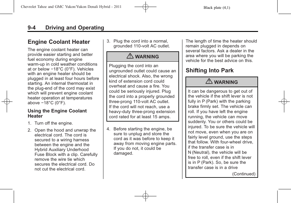 Engine coolant heater, Shifting into park, Engine coolant heater -4 shifting into park -4 | Information | CHEVROLET 2011 Tahoe User Manual | Page 34 / 98