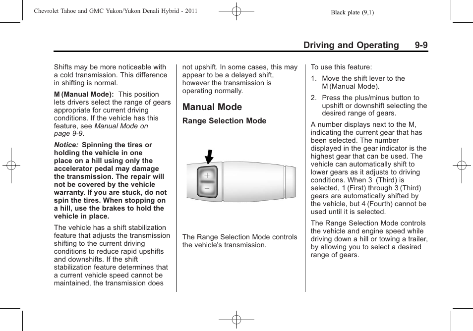 Manual mode, Manual mode -9, Driving and operating 9-9 | CHEVROLET 2011 Tahoe User Manual | Page 39 / 98