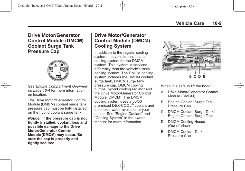 Drive motor/generator control, Module (dmcm) coolant surge tank pressure cap -9, Module (dmcm) cooling system -9 | Vehicle care 10-9 | CHEVROLET 2011 Tahoe User Manual | Page 57 / 98