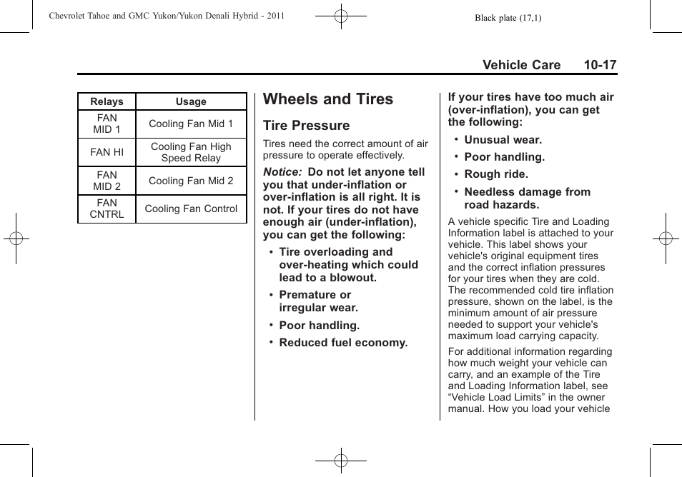 Wheels and tires, Tire pressure, And tires -17 | Tire pressure -17, Vehicle care 10-17 | CHEVROLET 2011 Tahoe User Manual | Page 65 / 98