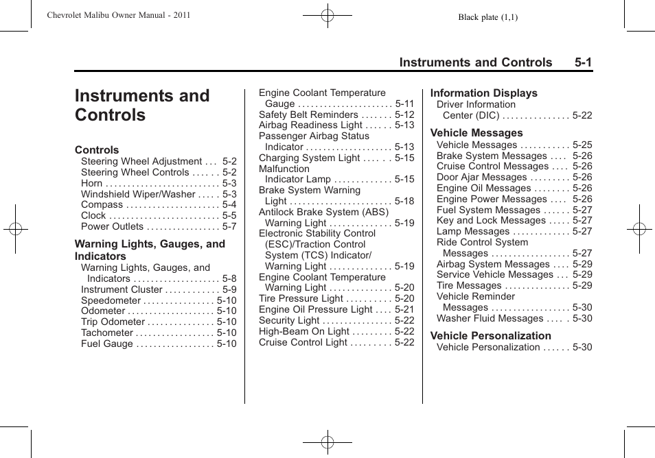 Instruments and controls, Instruments and controls -1, Instruments and controls 5-1 | CHEVROLET 2011 Malibu User Manual | Page 115 / 390