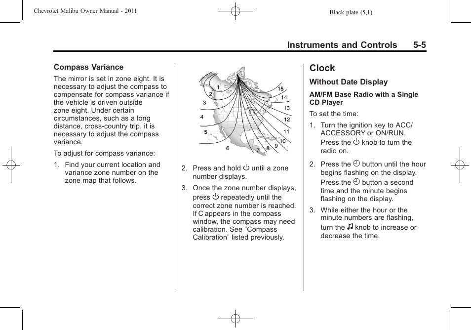 Clock, Clock -5, Antilock | CHEVROLET 2011 Malibu User Manual | Page 119 / 390