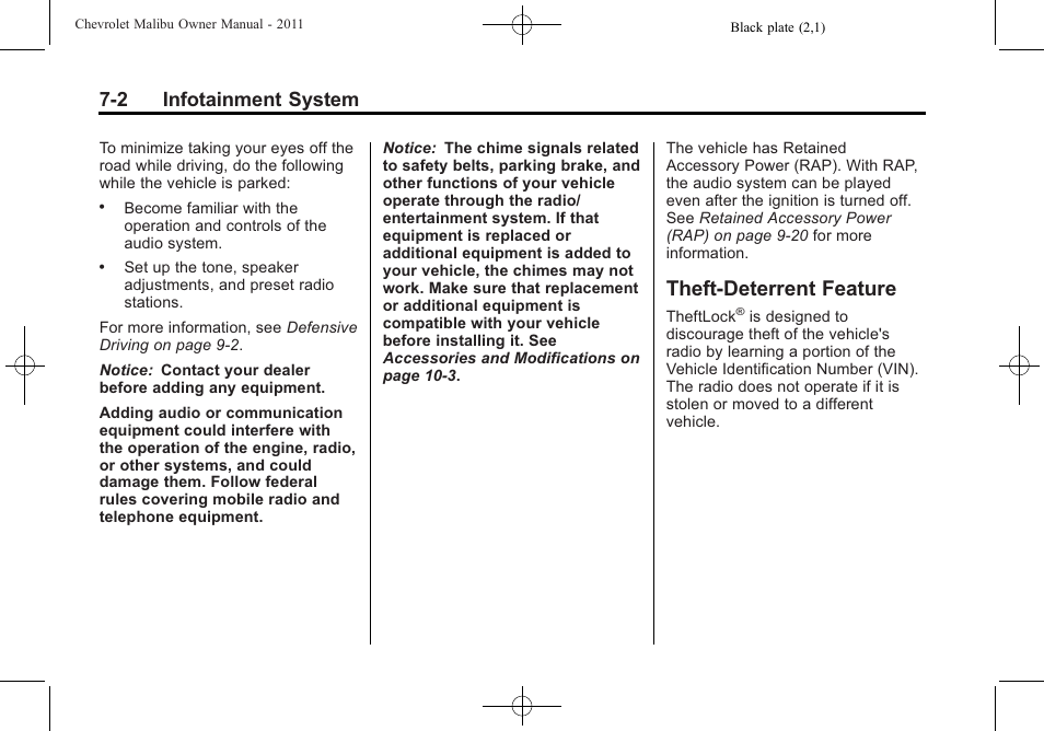 Theft-deterrent feature, Theft-deterrent feature -2, 2 infotainment system | CHEVROLET 2011 Malibu User Manual | Page 158 / 390