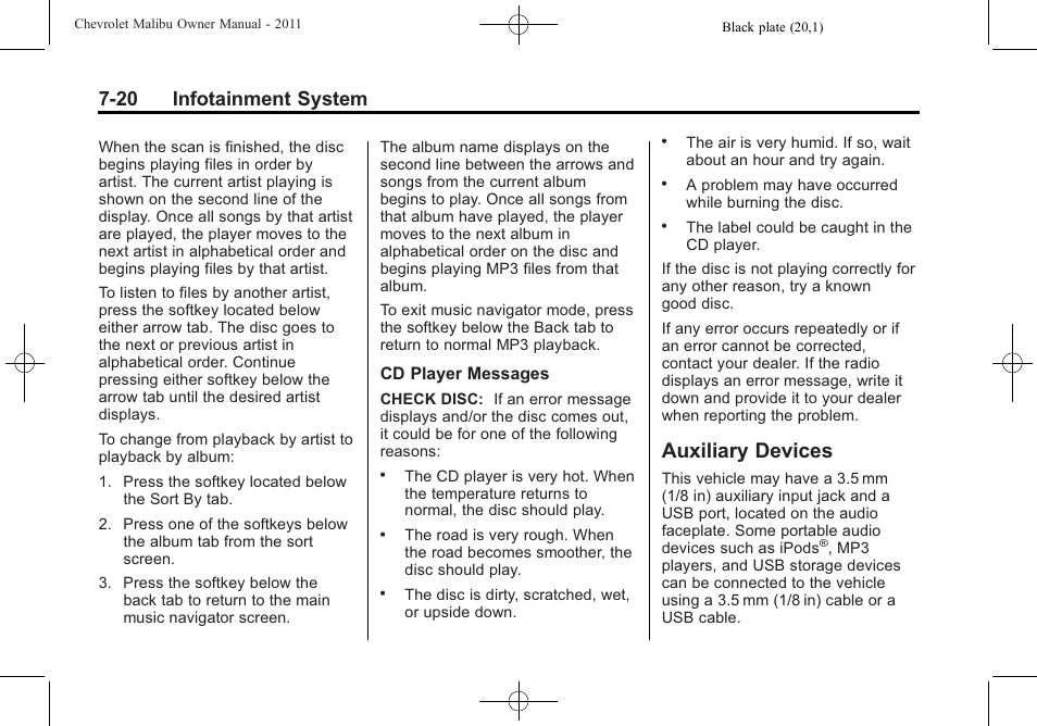 Auxiliary devices, Auxiliary devices -20, 20 infotainment system | CHEVROLET 2011 Malibu User Manual | Page 176 / 390