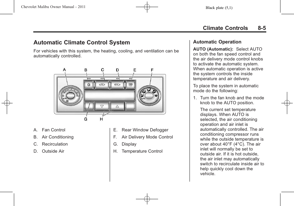 Automatic climate control system, Automatic climate control, System -5 | Climate controls 8-5 | CHEVROLET 2011 Malibu User Manual | Page 193 / 390