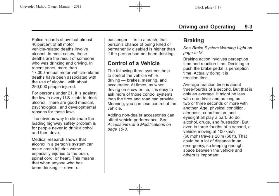 Control of a vehicle, Braking, Control of a vehicle -3 braking -3 | CHEVROLET 2011 Malibu User Manual | Page 201 / 390