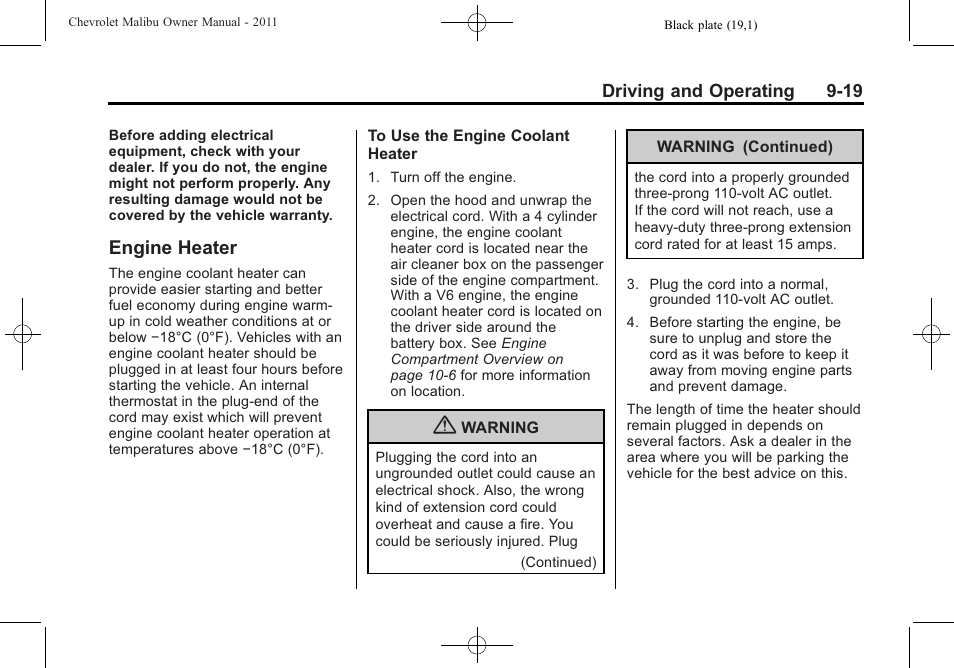 Engine heater, Engine heater -19, Cruise | CHEVROLET 2011 Malibu User Manual | Page 217 / 390