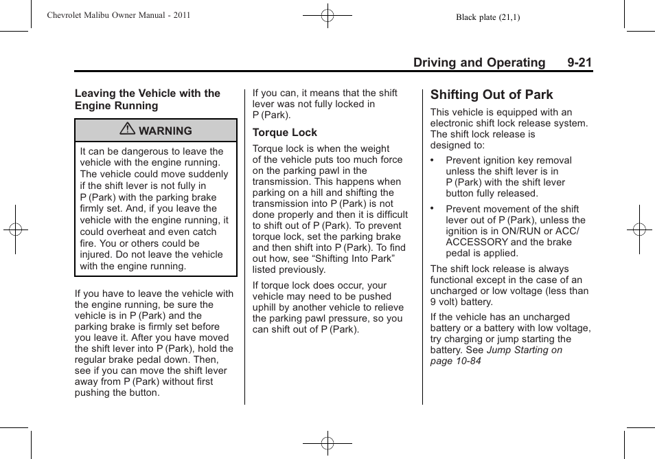 Shifting out of park, Shifting out of park -21 | CHEVROLET 2011 Malibu User Manual | Page 219 / 390