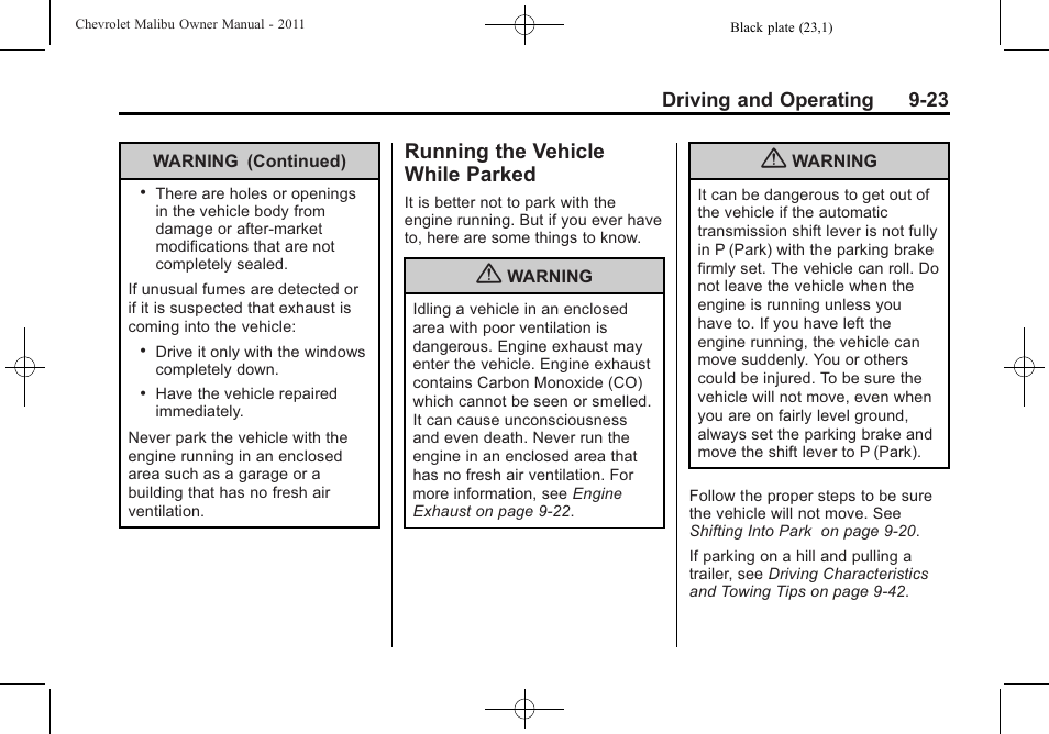 Running the vehicle while parked, Running the vehicle while, Parked -23 | CHEVROLET 2011 Malibu User Manual | Page 221 / 390