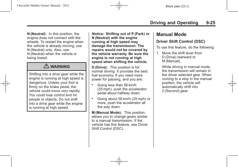 Manual mode, Manual mode -25 | CHEVROLET 2011 Malibu User Manual | Page 223 / 390