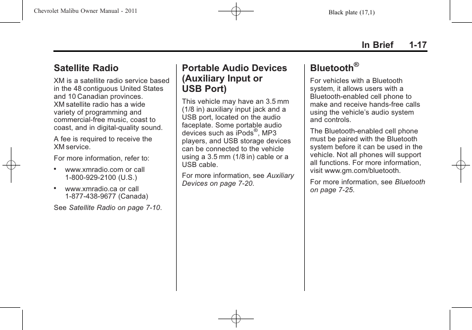 Satellite radio, Bluetooth, Satellite radio -17 portable audio devices | Auxiliary input or usb port) -17 | CHEVROLET 2011 Malibu User Manual | Page 23 / 390