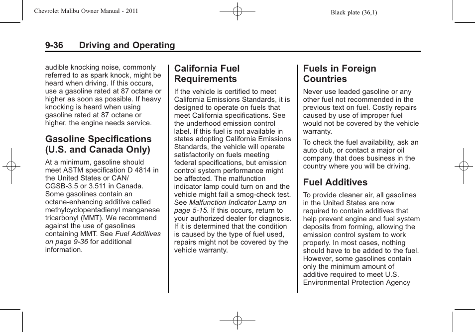 Gasoline specifications (u.s. and canada only), California fuel requirements, Fuels in foreign countries | Fuel additives, Gasoline specifications (u.s, And canada only) -36, California fuel, Requirements -36, Fuels in foreign countries -36 fuel additives -36 | CHEVROLET 2011 Malibu User Manual | Page 234 / 390