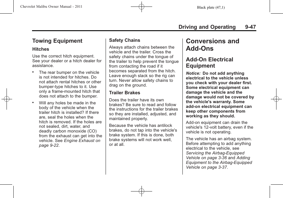 Towing equipment, Conversions and add-ons, Add-on electrical equipment | Conversions and add-ons -47, Towing equipment -47, Add-on electrical, Equipment -47 | CHEVROLET 2011 Malibu User Manual | Page 245 / 390