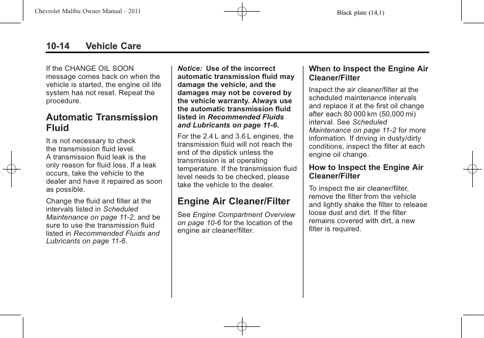 Automatic transmission fluid, Engine air cleaner/filter, Automatic transmission | Fluid -14, Engine air cleaner/filter -14, Engine air cleaner/filter on | CHEVROLET 2011 Malibu User Manual | Page 260 / 390