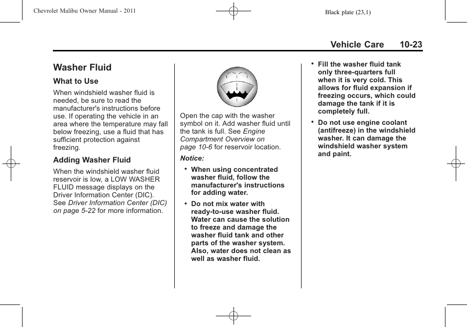 Washer fluid, Washer fluid -23, Electrical | Vehicle care 10-23 | CHEVROLET 2011 Malibu User Manual | Page 269 / 390