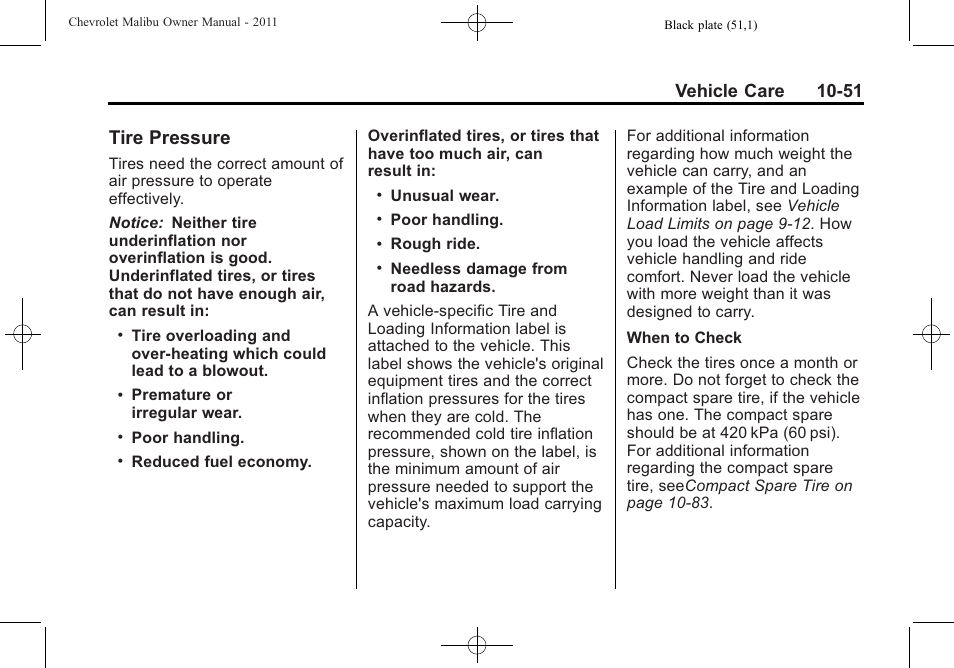 Tire pressure, Tire pressure -51, Vehicle care 10-51 | CHEVROLET 2011 Malibu User Manual | Page 297 / 390