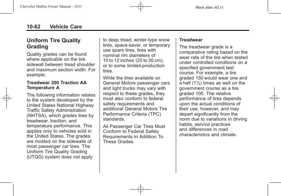 Uniform tire quality grading, Uniform tire quality, Grading -62 | Towing | CHEVROLET 2011 Malibu User Manual | Page 308 / 390